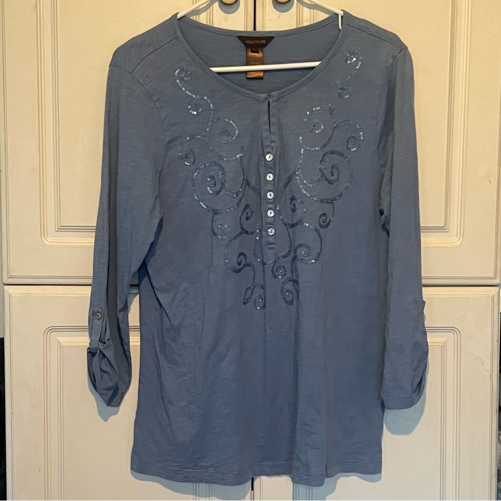 Multiples Womens Large Blue  3/4 Tie Sleeve Shirt Blouse Top Cotton Buttons L